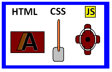 Figurs of a stamp with letter, next a peel and ending a roude with tooth. This set of figure have  a heading of HTML CSS and Js
